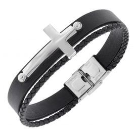trendor 75875 Herren-Armband Leder Schwarz Stahl Kreuz